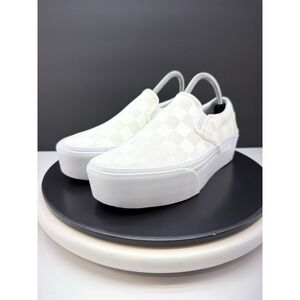 Vans Classic Slip On Stackform Checkerboard Women 7.5 White Ivory Platform Shoes